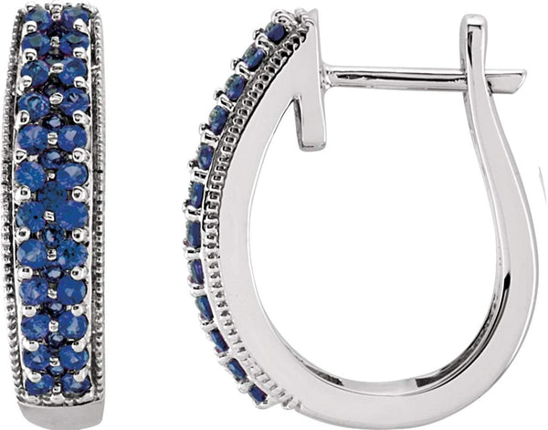 Blue Sapphire Milgrain Hoop Earrings, 14K White Gold, 4.6MM