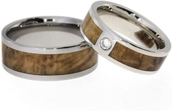 Diamond Solitaire, Black Ash Burl Engagement Ring, Black Ash Burl Titanium Band, His and Hers Wedding Band Set, M16-F4.5