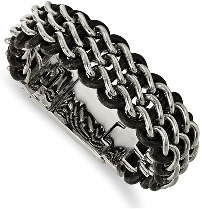 Men's Black Leather Stainless Steel Magnetic-Clasp Bracelet, 8.75 Inches