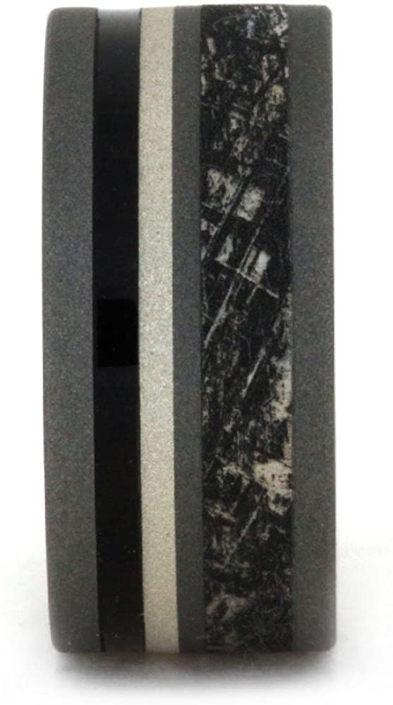 Mimetic Meteorite, African Blackwood, Sterling Silver Stripe 9mm Comfort-Fit Sandblasted Titanium Band, Size 15