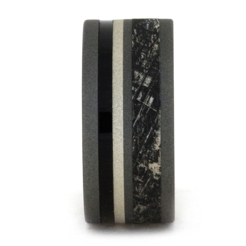 Mimetic Meteorite, African Blackwood, Sterling Silver Stripe 9mm Comfort-Fit Sandblasted Titanium Band