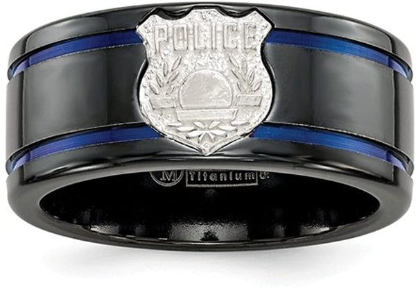 Edward Mirell Black Titanium Blue Anodized with SS Police Shield Tag 10mm Flat Band, Size 8