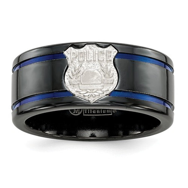 Edward Mirell Black Titanium Blue Anodized with SS Police Shield Tag 10mm Flat Band