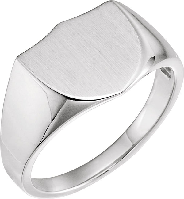 Men's Platinum Brushed Closed Back Shield Signet Ring (14mm) Size 9.75