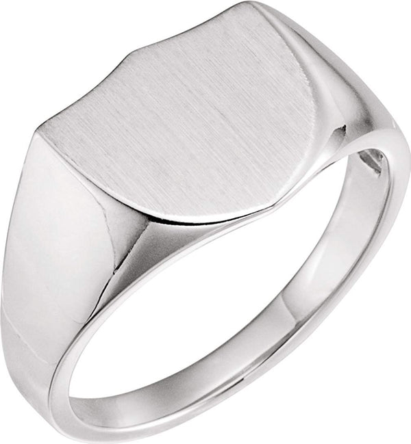 Men's Platinum Brushed Closed Back Shield Signet Ring (14mm)