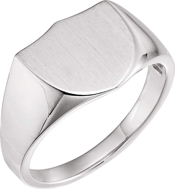 Men's Brushed Closed Back Shield Signet Ring, Rhodium-Plated 14k White Gold (14mm)