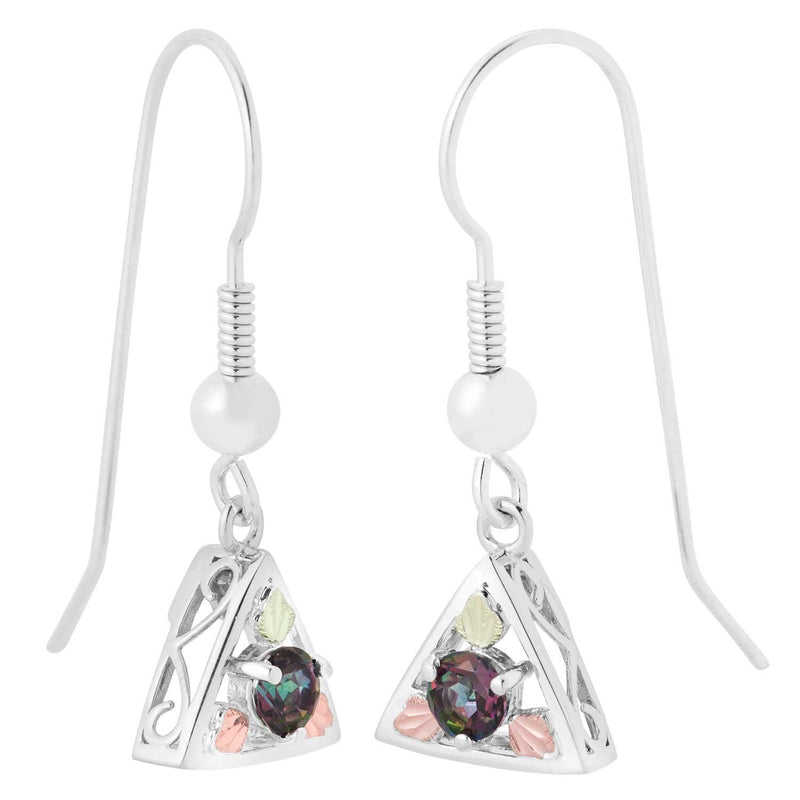 Round Mystic Fire Topaz Triangle Earrings, Sterling Silver, 12k Green and Rose Gold Black Hills Gold Motif