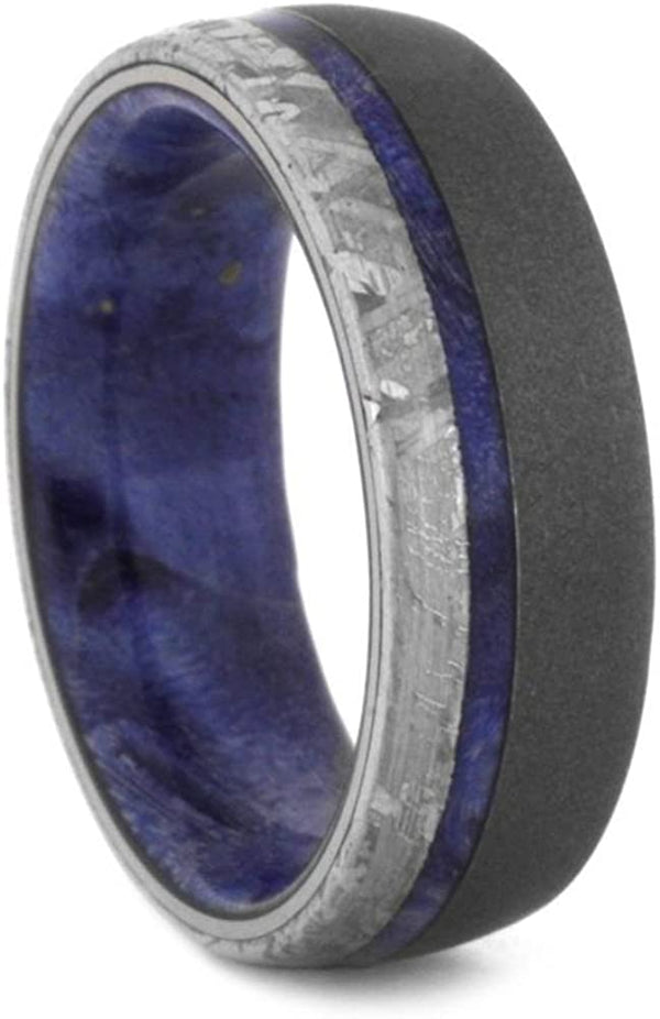 Gibeon Meteorite, Sandblasted Titanium 7mm Comfort-Fit Blue Box Elder Burl Wooden Sleeve Band, Size 12.75
