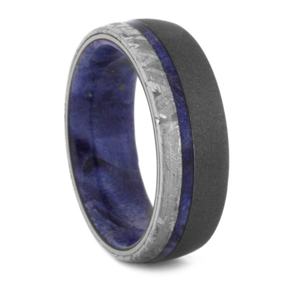 Gibeon Meteorite, Sandblasted Titanium 7mm Comfort-Fit Blue Box Elder Burl Wooden Sleeve Band