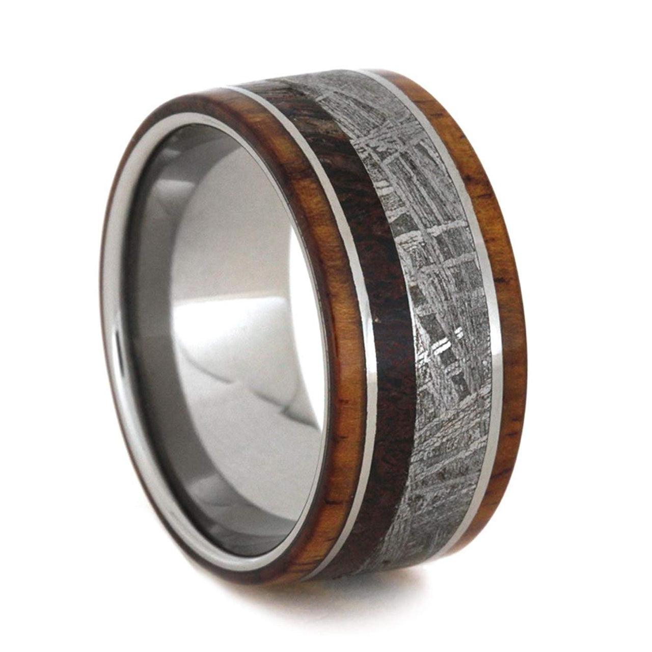 Gibeon Meteorite, Dinosaur Bone, Honduran Rosewood 10mm Comfort-Fit Titanium Band, Size 8.75