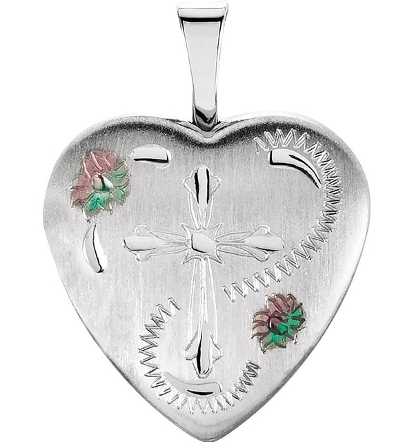 Satin-Brush Heart with Cross and Enameled Flowers Sterling Silver Locket (15.80X16.00 MM)