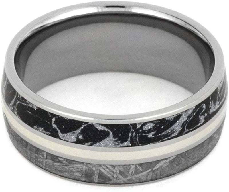 Gibeon Meteorite, Black and White Composite Mokume, 14k White Gold 8mm Comfort-Fit Titanium Wedding Band, Size 7.25