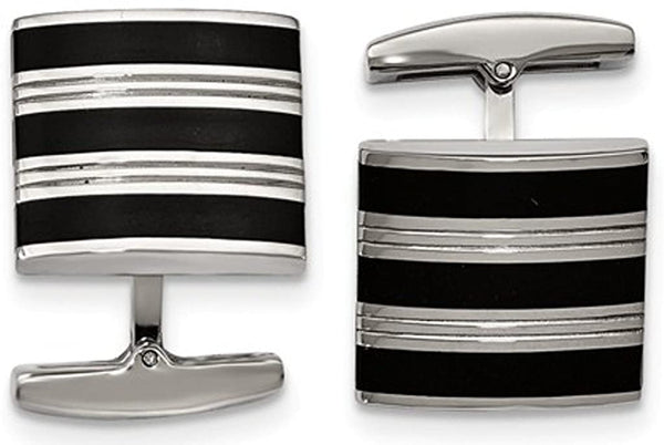 Stainless Steel Grooved Black Rubber Stripes Cuff Links