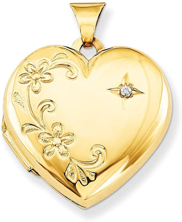 14k Yellow Gold Four Picture Diamond and Flower Heart Locket (.01 Ct, G-I Color, I1 Clarity)