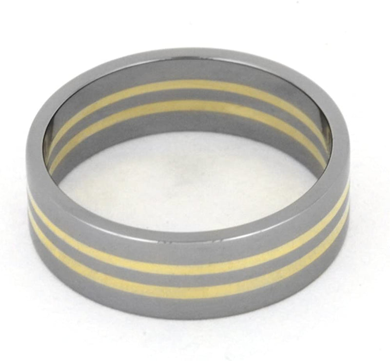 Two 14k Yellow Gold Pinstripes 7mm Comfort-Fit Titanium Wedding Band, Size 14.25