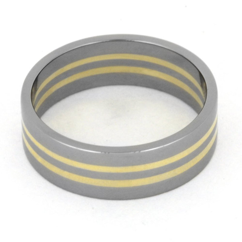 Two 14k Yellow Gold Pinstripes 7mm Comfort-Fit Titanium Wedding Band