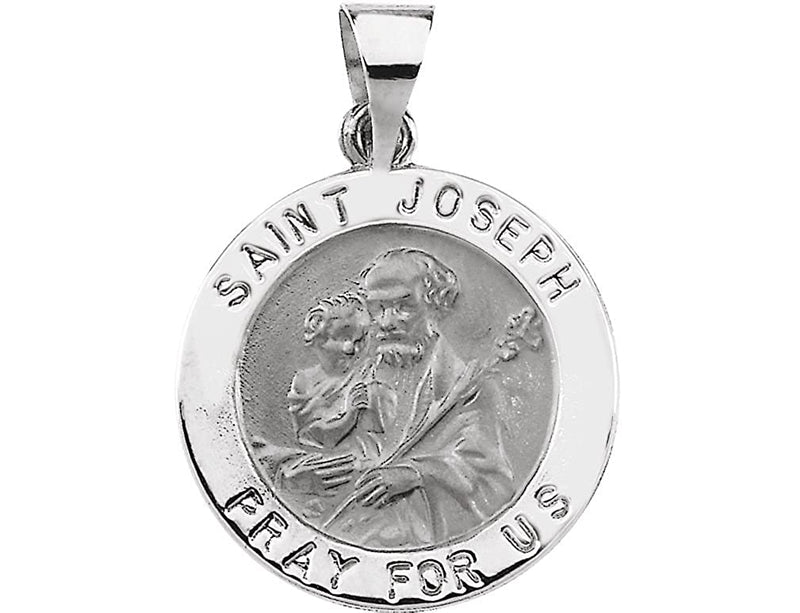 Rhodium Plated 14k White Gold Hollow Round St. Joseph Medal (18.25 MM)