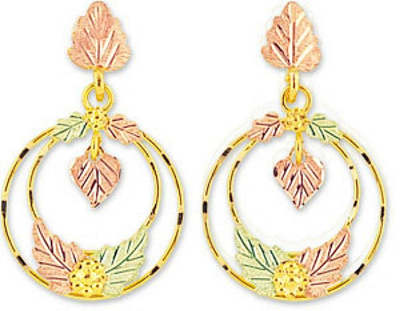 Leaf Dangle Hoop Earrings, 10k Yellow Gold, 12k Green and Rose Gold Black Hills Gold Motif