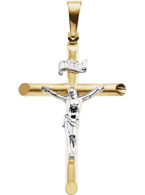 Two-Tone Beveled Crucifix 14k Yellow and White Gold Pendant (35.5X24.75MM)