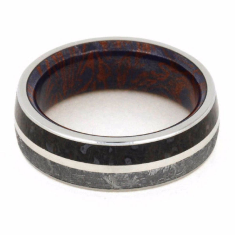 Gibeon Meteorite, Dinosaur Bone, Blue Bronze and Red Copper Mokume 7mm Comfort-Fit Titanium Wedding Band