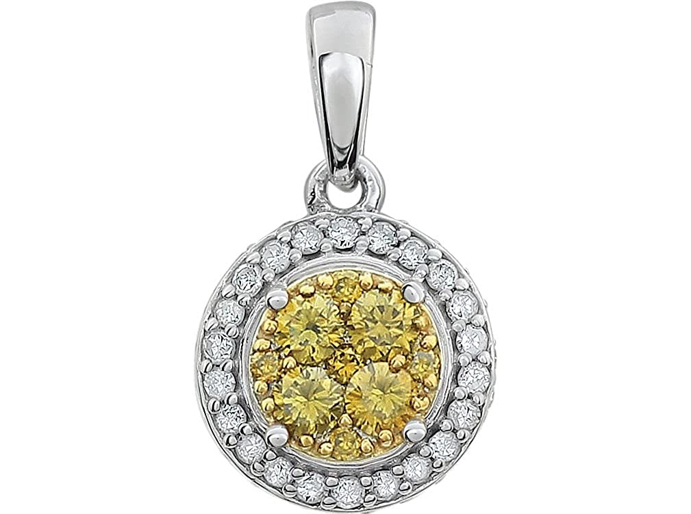 Yellow and White Diamond Halo Pendant in 14k White Gold, (3/8 Cttw)