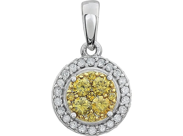 Yellow and White Diamond Halo Pendant in 14k White Gold, (3/8 Cttw)