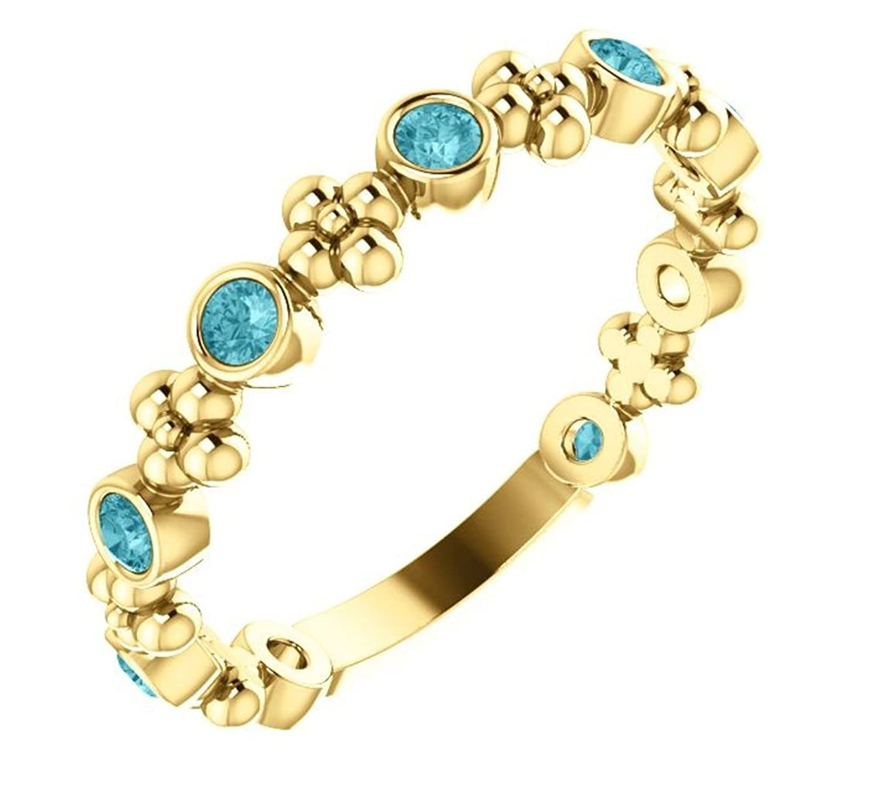 Genuine Blue Zircon Beaded Ring, 14k Yellow Gold