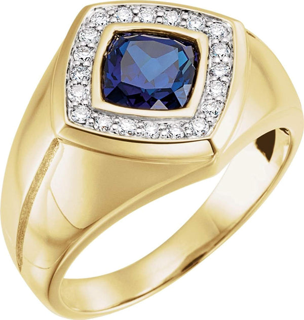 Men's Created Blue Sapphire and Diamond Ring, 14k Yellow Gold (.025 Ctw, HIJ Color, SI2-I1 Clarity), Size 10