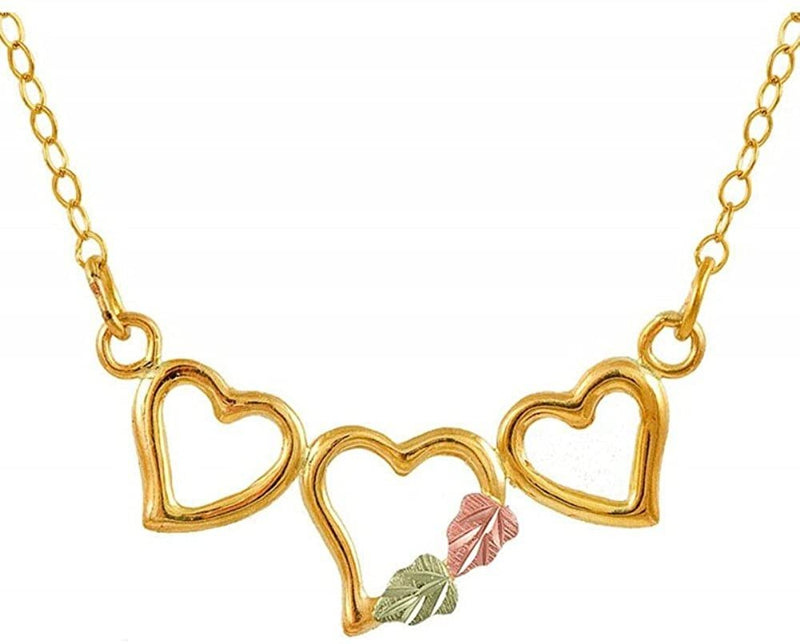 Three Heart Pendant Necklace, 10k Yellow Gold, 12k Green and Rose Gold Black Hills Gold Motif, 18"