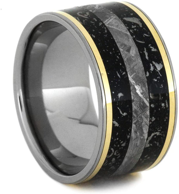 Black Stardust, Gibeon Meteorite, 14k Yellow Gold 11.5mm Comfort-Fit Titanium Wedding Band