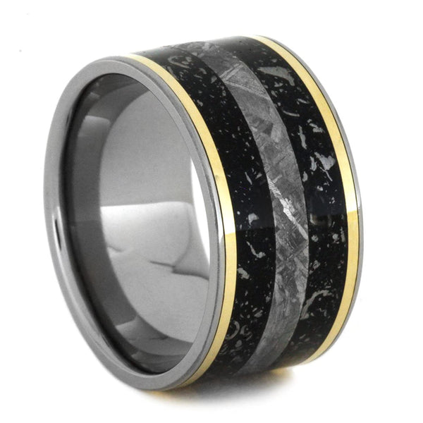 Black Stardust, Gibeon Meteorite, 14k Yellow Gold 11.5mm Comfort-Fit Titanium Band, Size 8.5