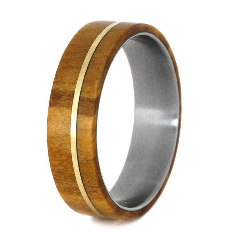 Olive Wood, 14k Yellow Gold Pinstripe 6.5mm Comfort-Fit Matte Titanium Wedding Band