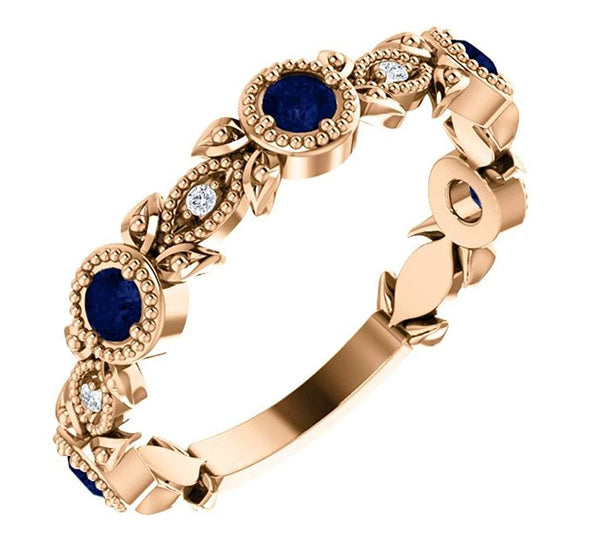 Blue Sapphire and Diamond Vintage-Style Ring, 14k Rose Gold (0.03 Ctw, G-H Color, I1 Clarity)