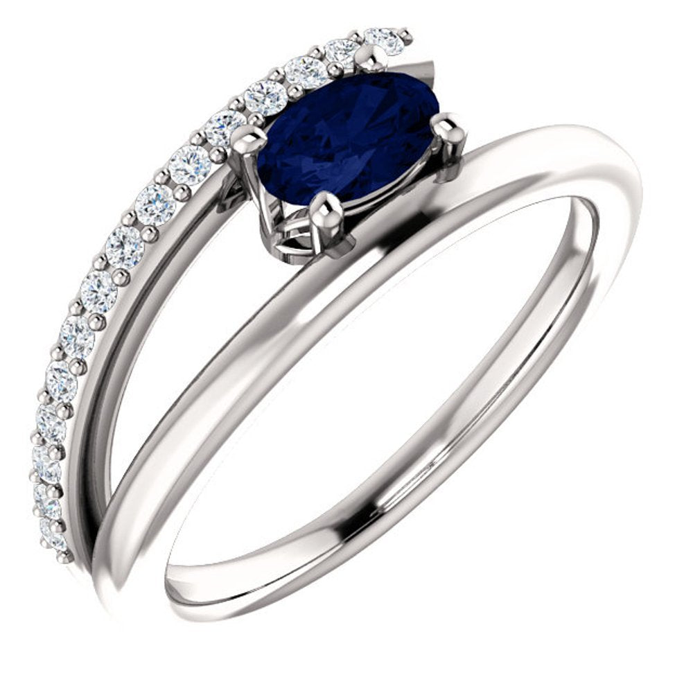 Chatham Created Blue Sapphire and Diamond Bypass Ring, Rhodium-Plated 14k White Gold (.125 Ctw, G-H Color, I1 Clarity)