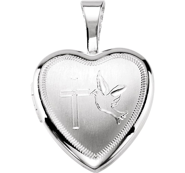 Sterling Silver Dove and Cross Heart Locket Pendant