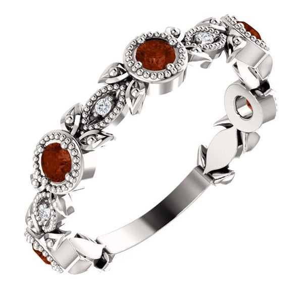 Mozambique Garnet and Diamond Vintage-Style Ring, Rhodium-Plated Sterling Silver, Size 6