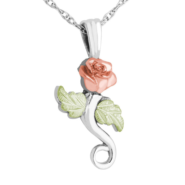 Ave 369 Beautiful 3D Rose Pendant Necklace, Sterling Silver, 12k Green and Rose Gold Black Hills Gold Motif, 18"