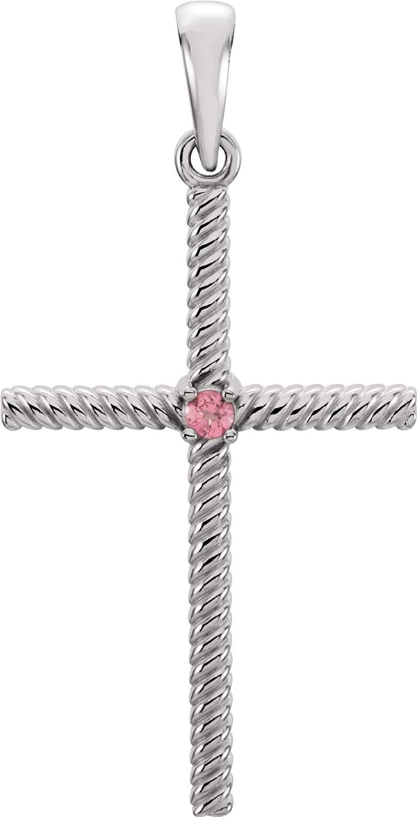 Pink Tourmaline Rope-Trim Cross Rhodium-Plated 14k White Gold Pendant (31.95x16.3MM)(31.95x16.3MM)