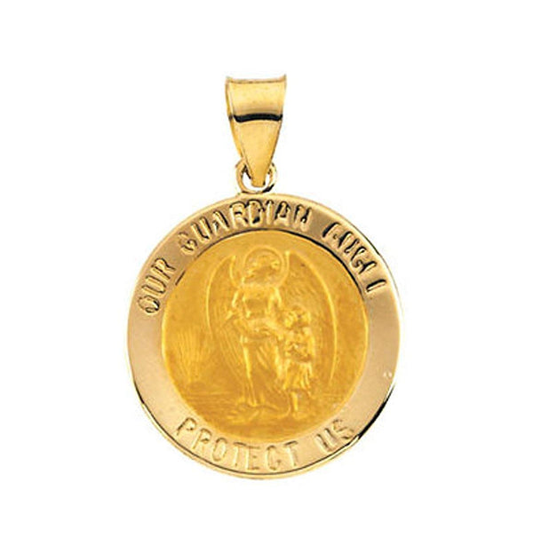 14k Yellow Gold Hollow Round Guardian Angel Medal (18.25x18.50 MM)