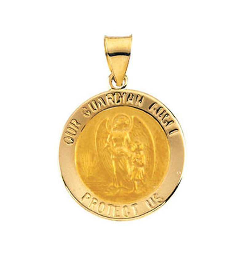 14k Yellow Gold Hollow Round Guardian Angel Medal (18.25x18.50 MM)