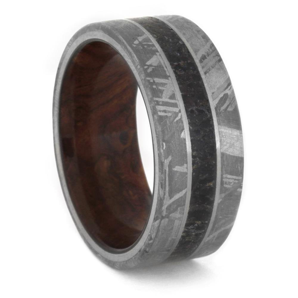 Dinosaur Bone, Gibeon Meteorite, Honduran Rosewood Burl 10mm Comfort-Fit Titanium Band