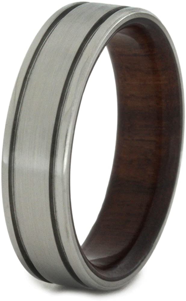 Bolivian Rosewood Ring with Brushed Titanium Overlay 6mm Comfort-Fit Wedding Band, Size 10.25