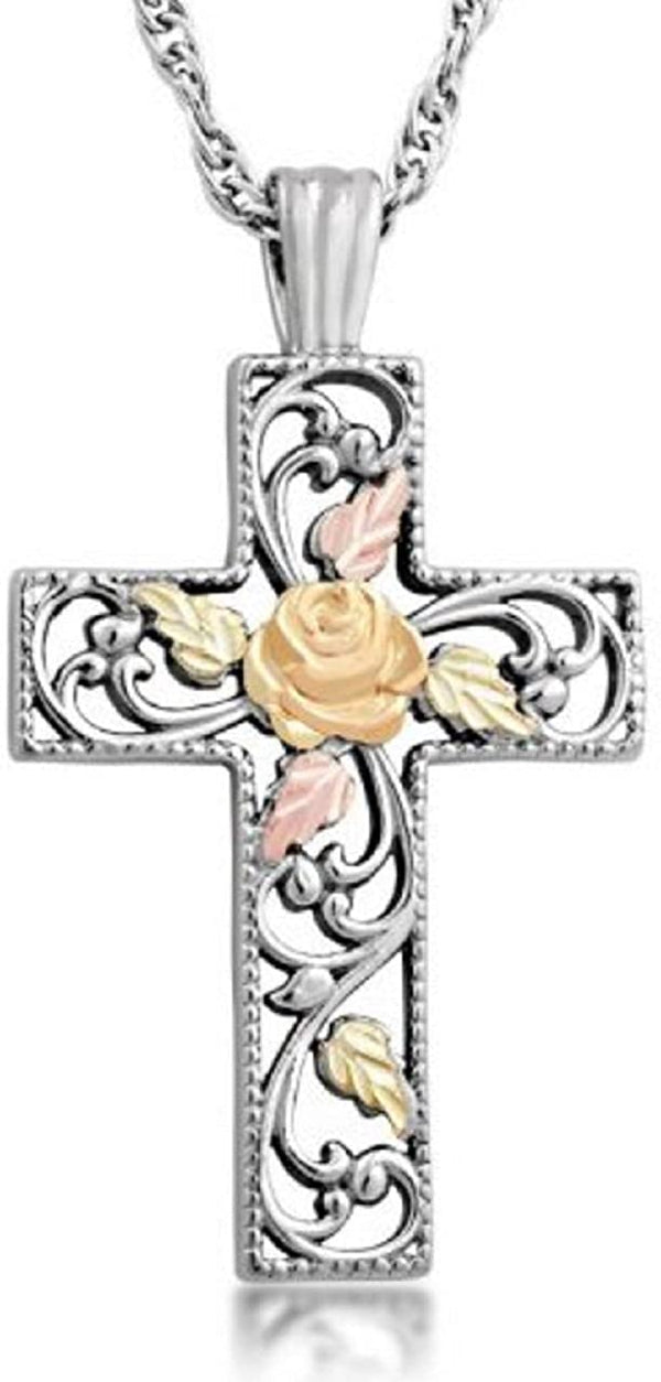Granulated Bead Cross with Rose Pendant Necklace, Sterling Silver, 12k Green and Rose Gold Black Hills Gold Motif, 18"