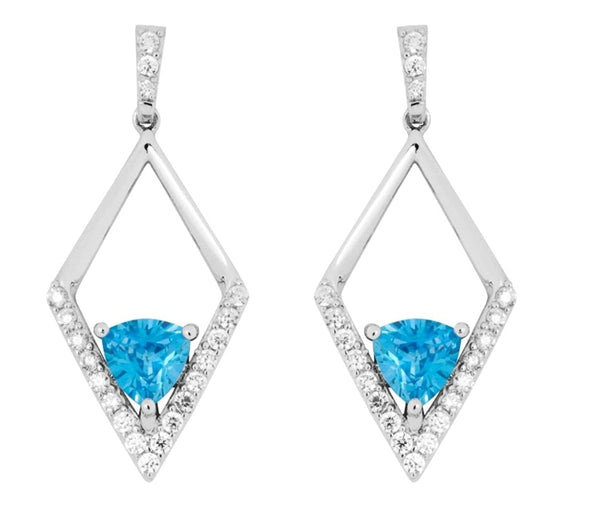 Blue Trillion CZ Silhouette Diamond-Shaped Rhodium Plated Sterling Silver Earrings