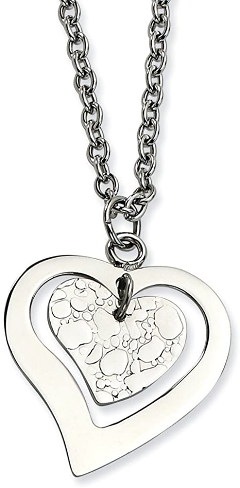 Stainless Steel Textured Heart Pendant Necklace, 18" and 1/2" Extender (35x21MM)