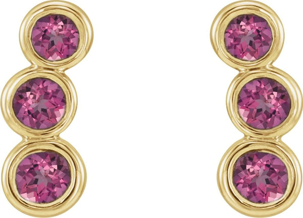 Pink Tourmaline Three-Stone Ear Climbers, 14k Yellow Gold