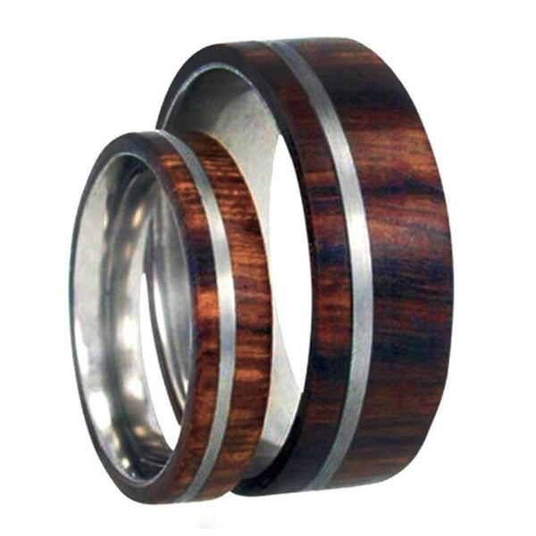 Ironwood, Titanium Pinstripe Comfort-Fit Titanium His and Her Wedding Band Set, M10-F4