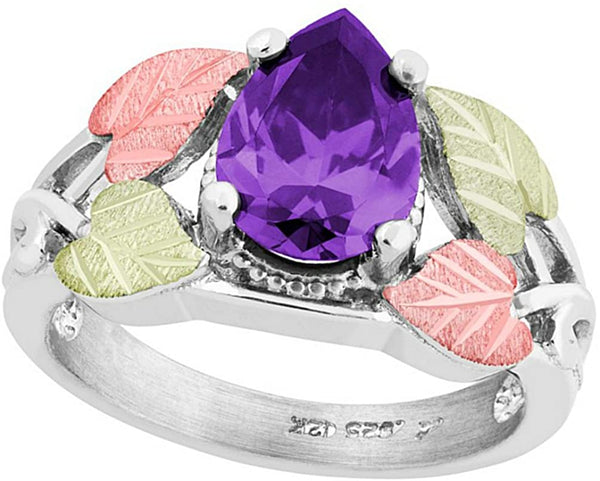 Pear Amethyst CZ Ring, Sterling Silver, 12k Green and Rose Gold Black Hills Gold Motif, Size 7