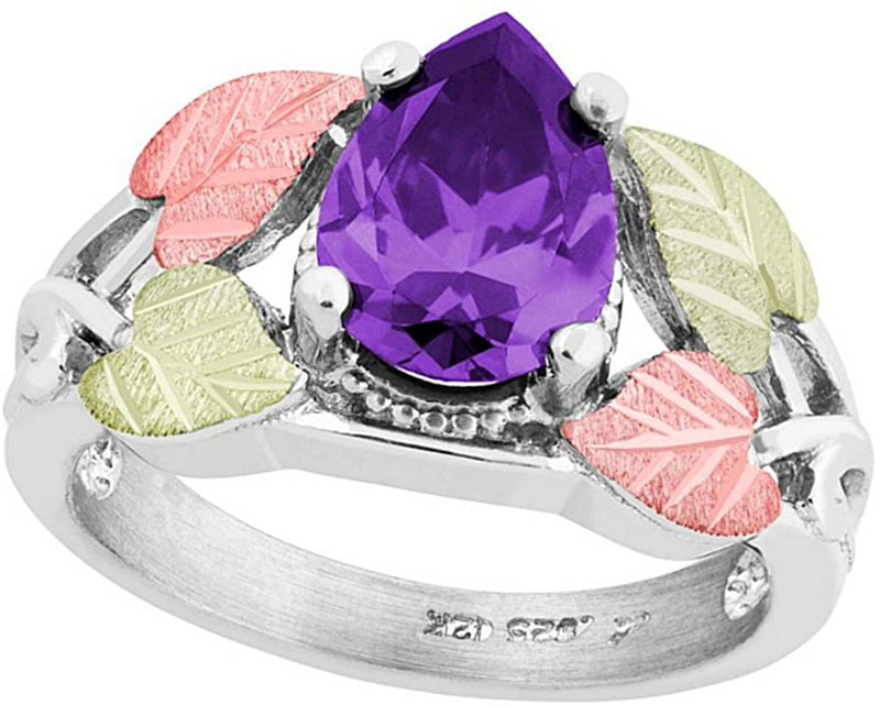 Pear Amethyst CZ Ring, Sterling Silver, 12k Green and Rose Gold Black Hills Gold Motif, Size 8