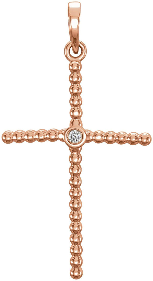 Diamond Beaded Cross 14k Rose Gold Pendant (.02 Ct, G-H Color, I1 Clarity)